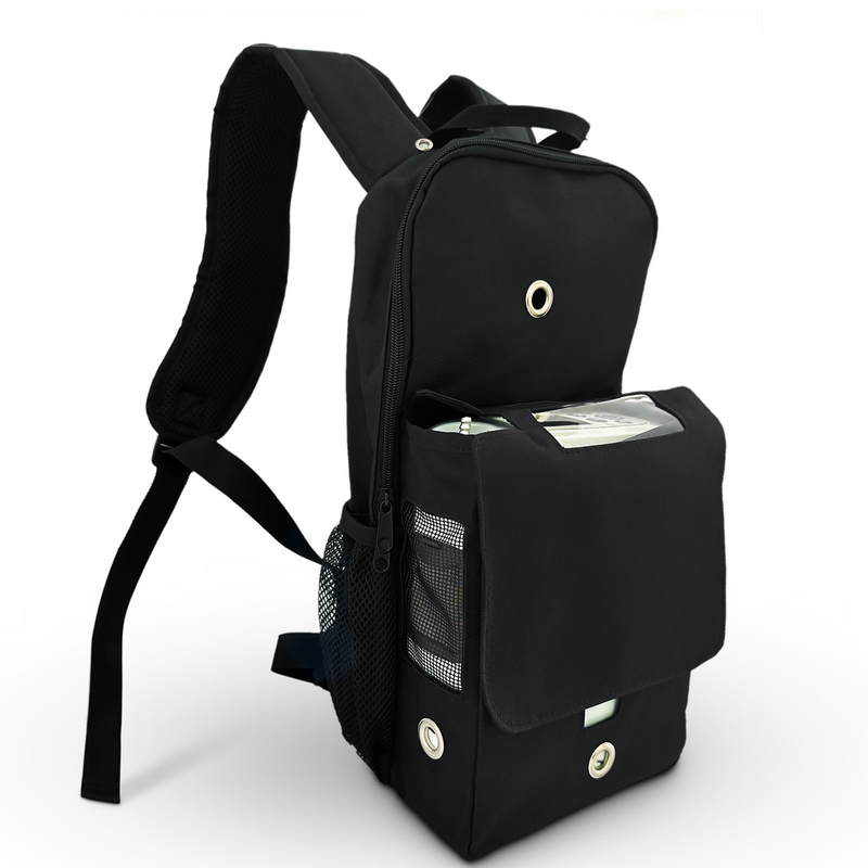 Lightweight Inogen One G5 backpack with storage for extra batteries, water bottle, charging cords with front access to charging, grommets for ventilation - O2TOTES