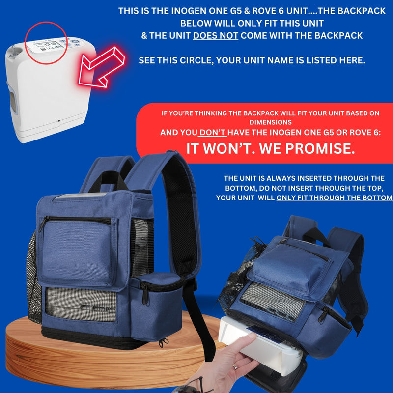 Inogen One G5 Lightweight Backpack w/Pockets & Cannula Holder - Navy - O2TOTES