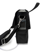 Black portable oxygen concentrator carry bag with strap and mesh panel, side view