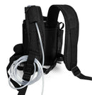 Black backpack with shoulder straps, tubing, and mesh side pocket for portable oxygen concentrator
