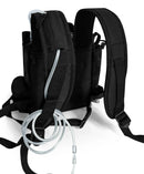 Black oxygen concentrator backpack with tubing and padded straps for portable use