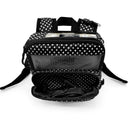 Black polka dot backpack for Inogen One G3 with open front pocket and visible accessories