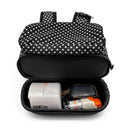 Black polka dot respiratory supply backpack open to show storage for Inogen and inhaler