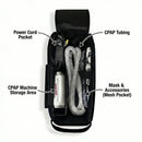 Black travel case with organized compartments holding CPAP machine, tubing, power cord, and mask.