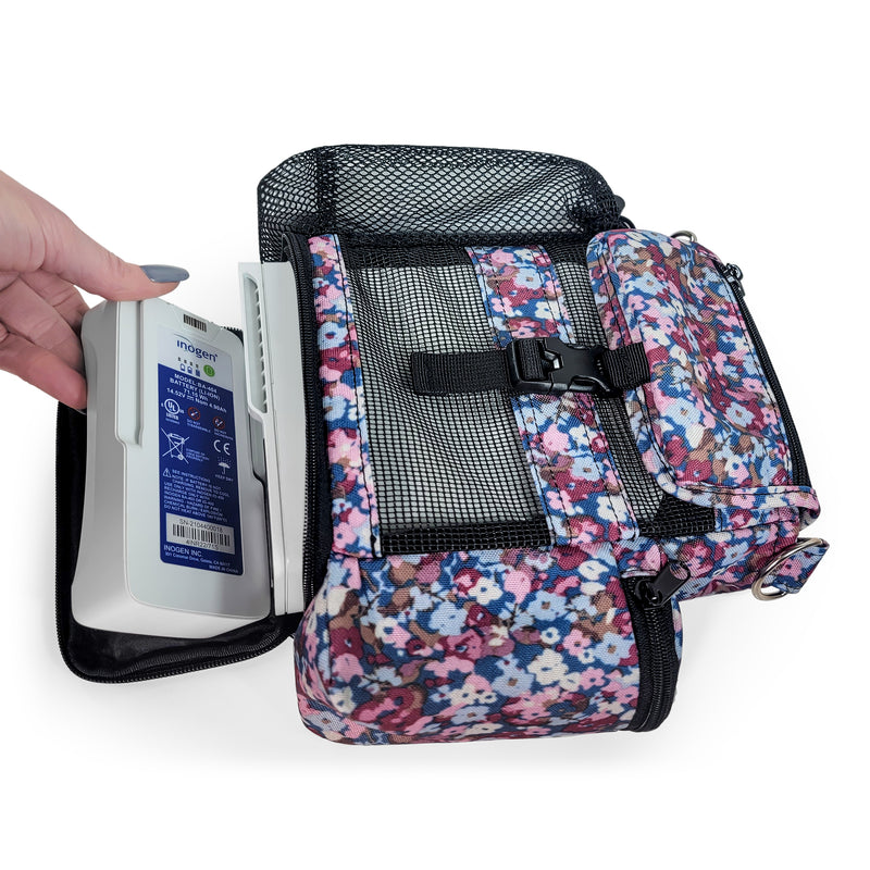 INOGEN ONE G4 CARRY BAG IN FLORAL WITH CANNULA HOLDER & ROOM FOR INOGEN ACCESSORIES - O2TOTES