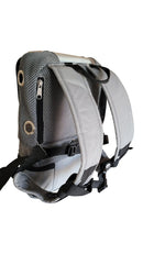 Dark grey mesh backpack with padded straps, zipper pocket, and metal grommets for portable oxygen device.