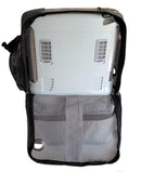 Dark grey mesh backpack for portable oxygen concentrator with zippered front, partial device visible