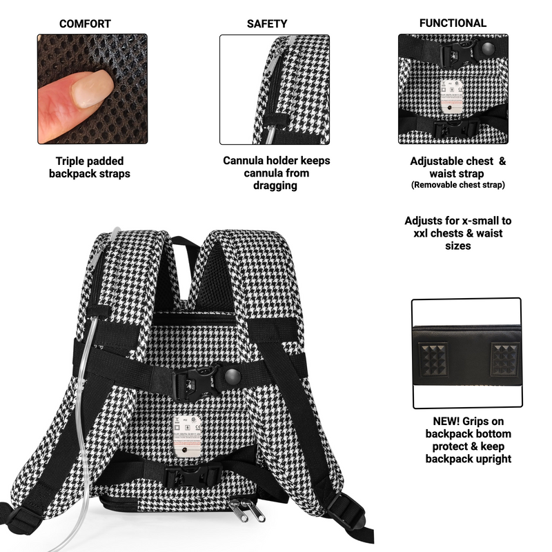 OxyGo Next Backpack lightweight backpack with pockets fits both batteries - Houndstooth - O2TOTES