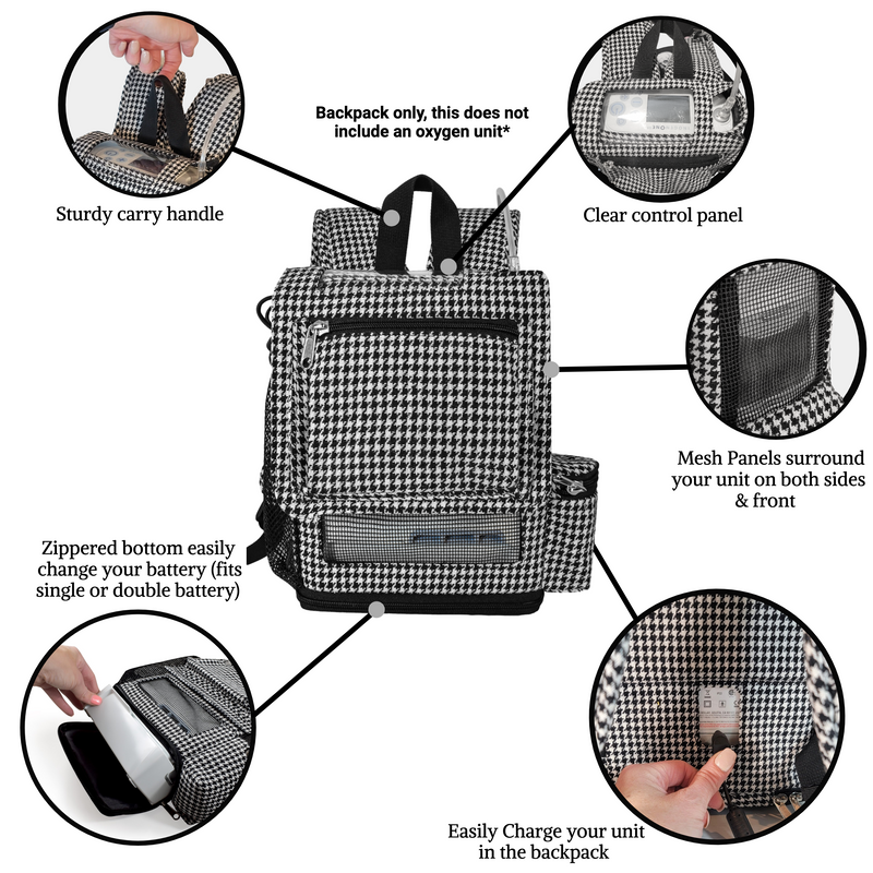 OxyGo Next Backpack lightweight backpack with pockets fits both batteries - Houndstooth - O2TOTES